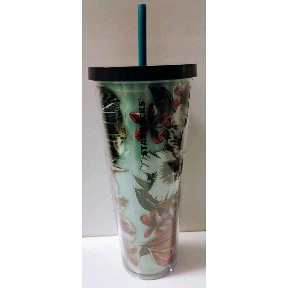 Starbucks 2016 Hawaii Tropical Floral Teal Acrylic Venti Cold Cup Tumbler 24 oz
